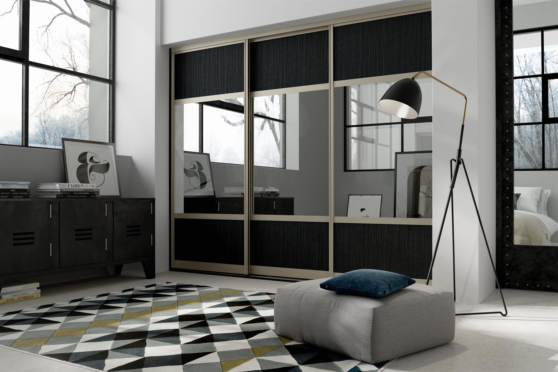 Primo - Brushed Pearl - Black Havana Pine MFC and Mirror - Supplied by Superior Cabinets of Bolton.